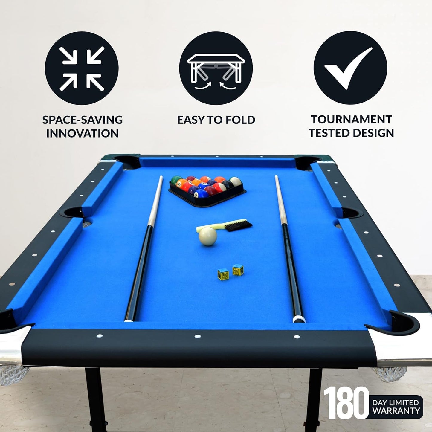 6 Ft Portable Pool Table, Adults Folding Billiards Tables for Game Room with Easy Foldable Storage, Includes Full Set of Billiard Balls, Cues, Chalk & Brush