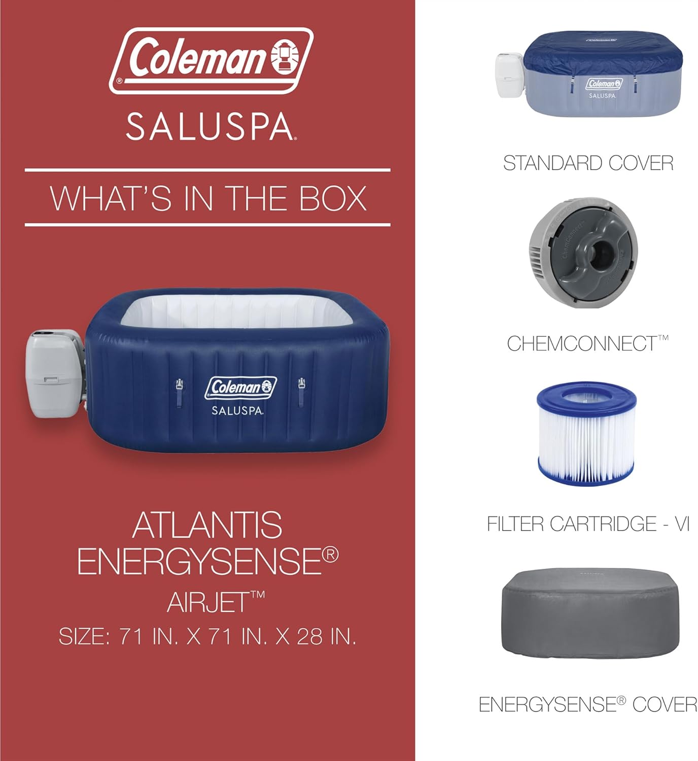 4 to 6 Person Inflatable Hot Tub Square Portable Outdoor Spa with 114 Soothing AirJets and Insulated Cover.