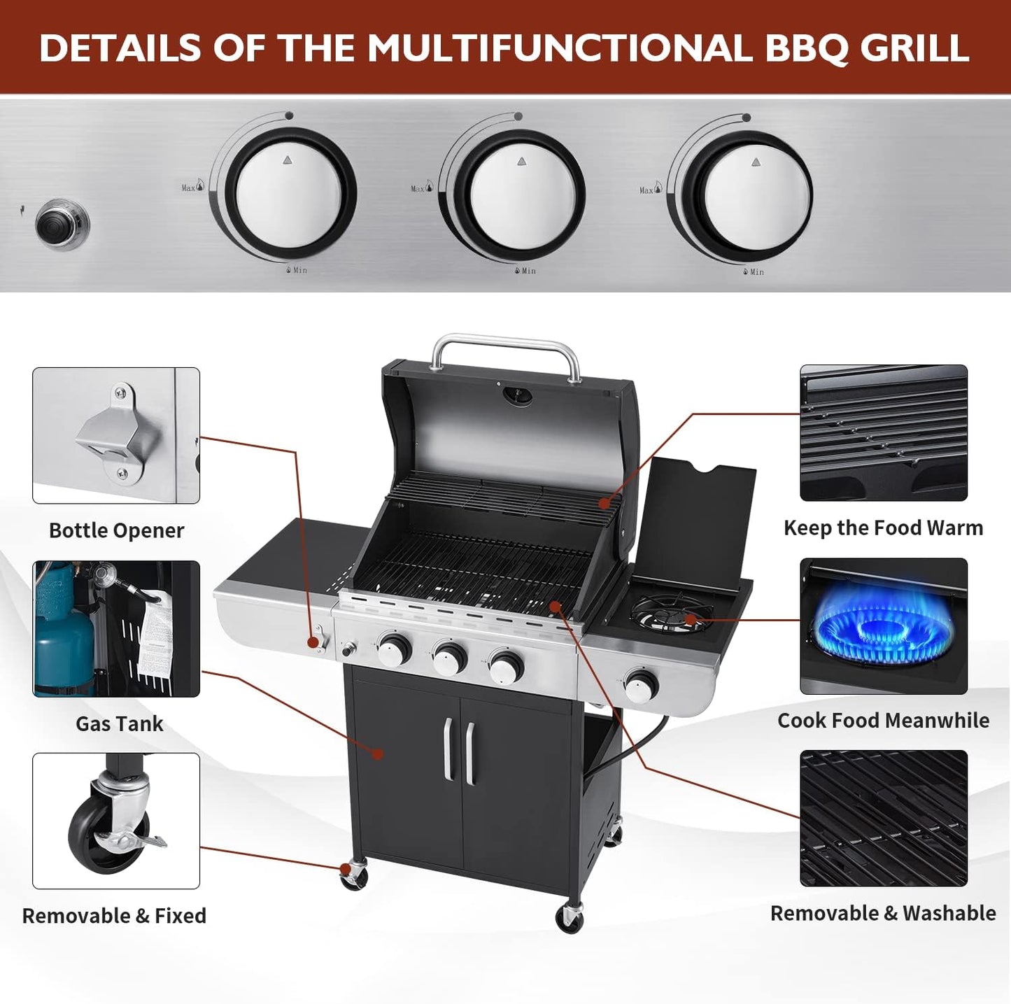 Upgraded 4 Burner BBQ Propane Gas Grill with Cast Iron Grates & Side Stove, 44,000 BTU Stainless Steel Burner Barbecue Grill for Patio, Camping, Outdoor Cooking.