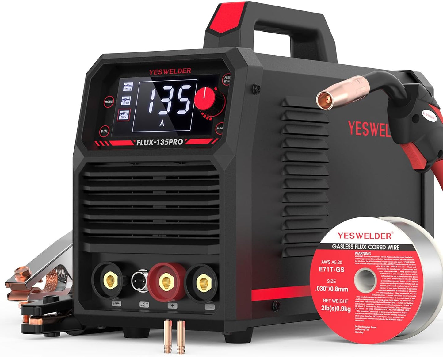 135Amp MIG Welder,110V Flux Core Welder Flux Core MIG/Lift TIG/Stick 3-in-1 Large LED Digital Display Welding Machine IGBT Inverter Welder FLUX-135PRO