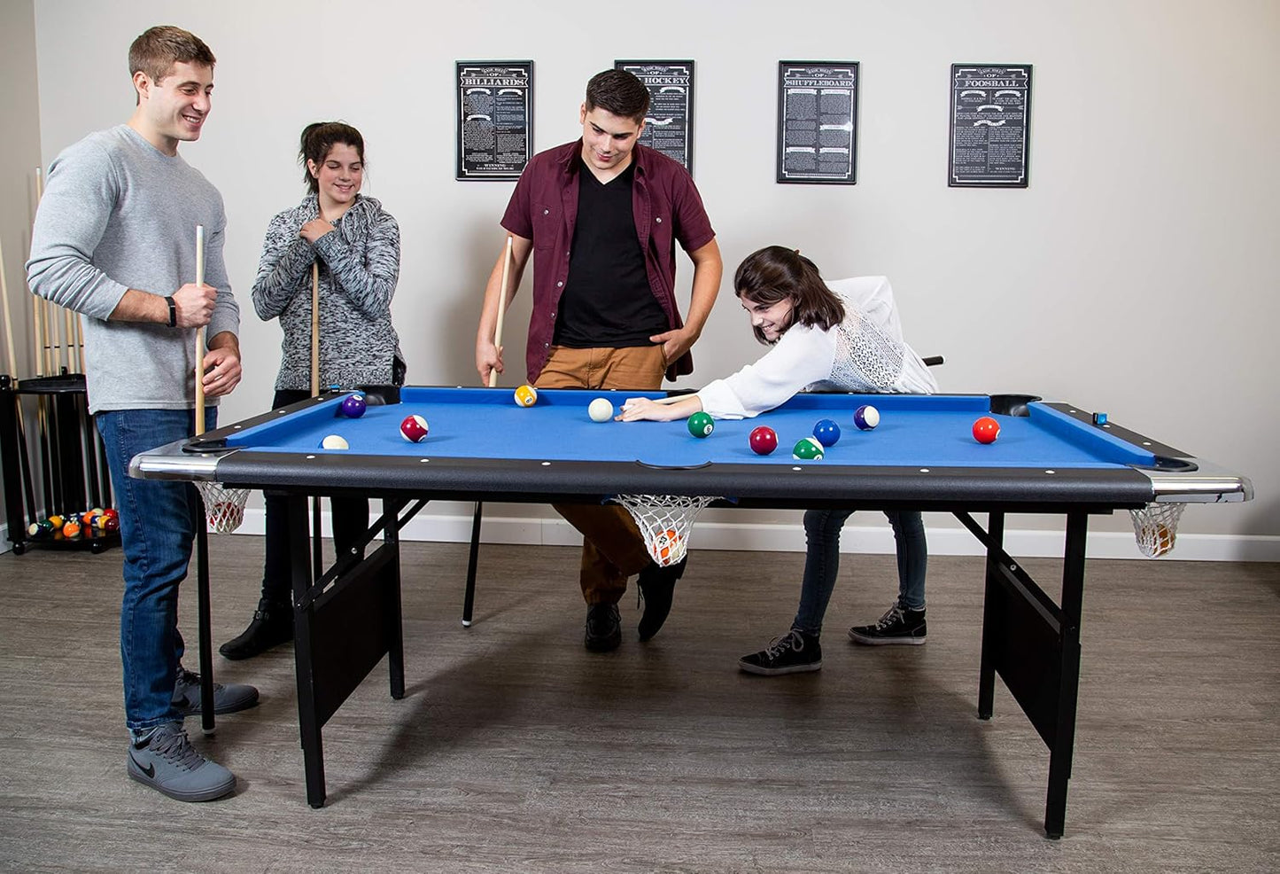 6 Ft Portable Pool Table, Adults Folding Billiards Tables for Game Room with Easy Foldable Storage, Includes Full Set of Billiard Balls, Cues, Chalk & Brush