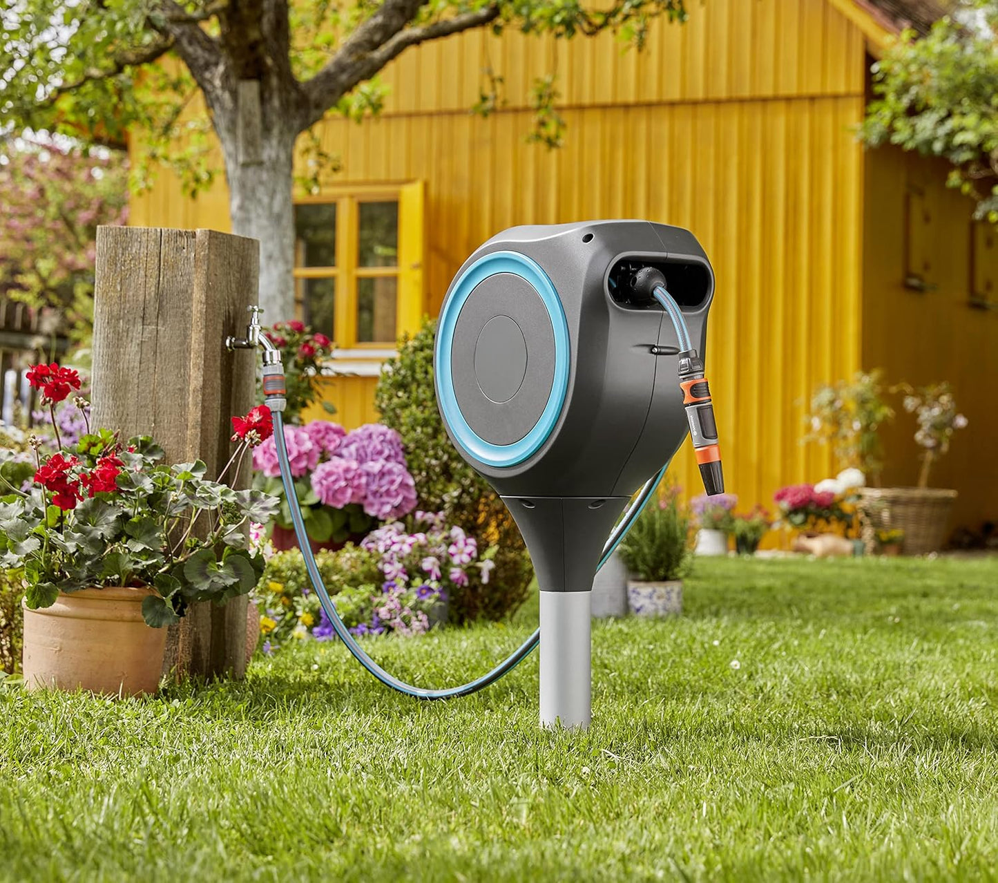66' x 1/2" Automatic Retractable Garden Hose Reel on Metal Spike, 66' Outside Garden Hose Length, with 360° Rotation to Reach All Areas of Your Yard