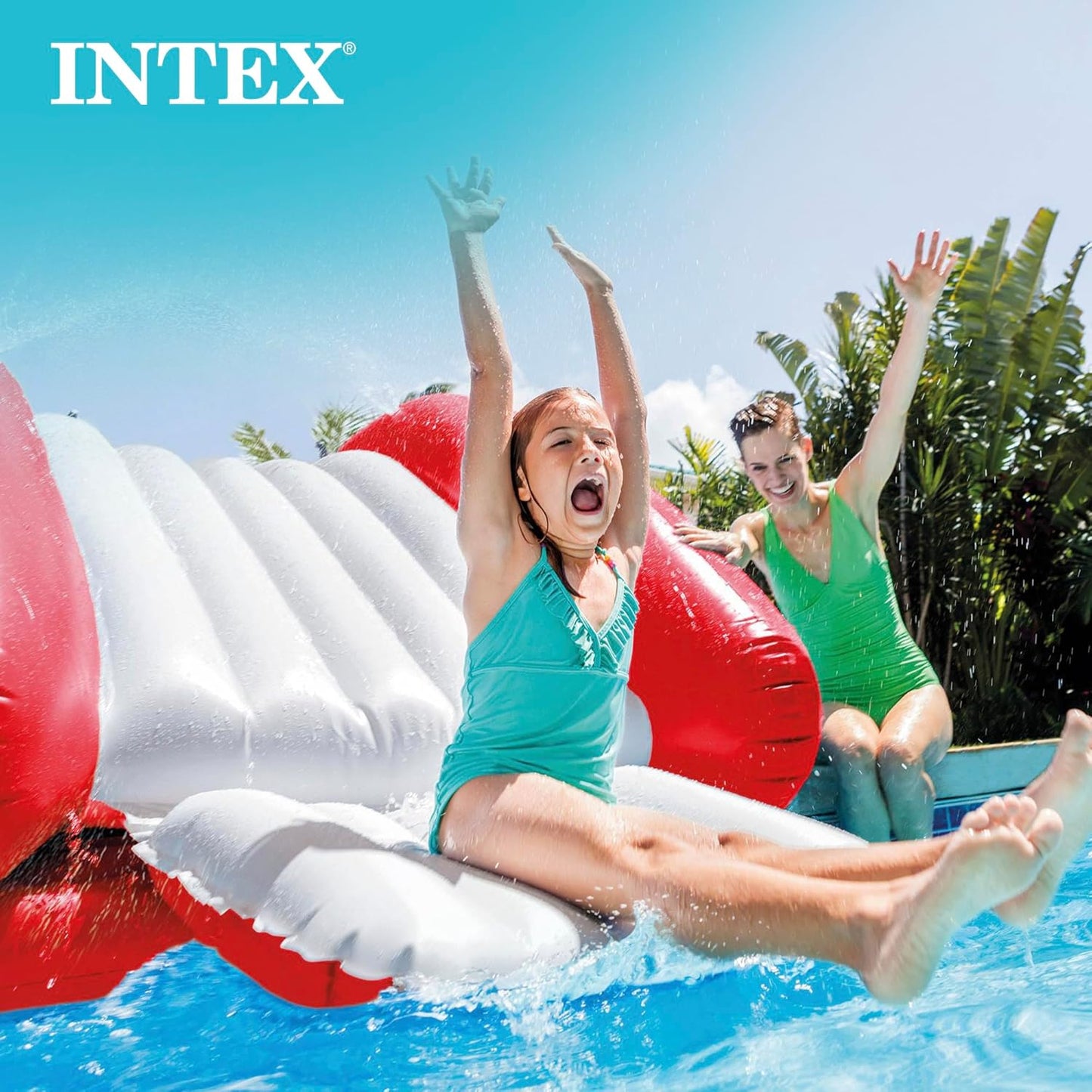 Inflatable Water Slide Swimming Pool Play Center with Built in Sprayers for Kids and Adults, Ages 6 and Up, Blue