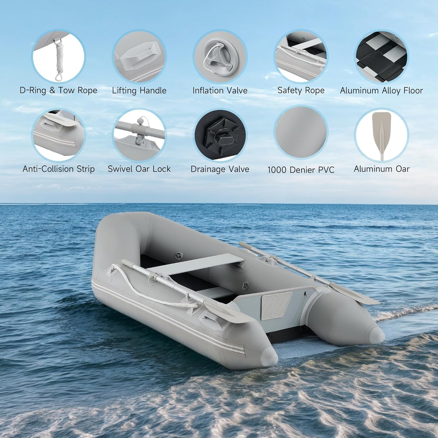 7.5ft Inflatable Dinghy Boat, 2 Person 660lb Transom Sport Tender Boat with Pump Aluminum Oars Floor, Heavy Duty Inflatable Raft Kayak for Adults