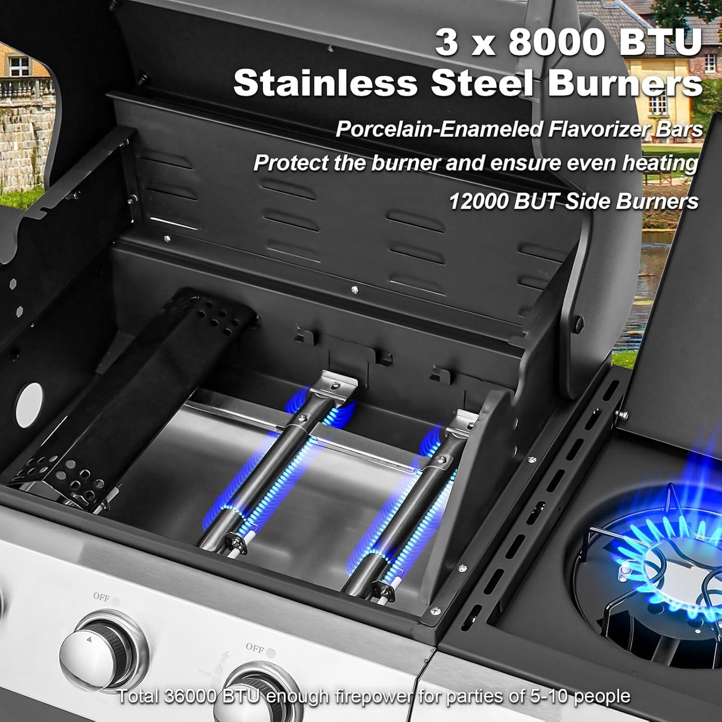 Upgraded 4 Burner BBQ Propane Gas Grill with Cast Iron Grates & Side Stove, 44,000 BTU Stainless Steel Burner Barbecue Grill for Patio, Camping, Outdoor Cooking.