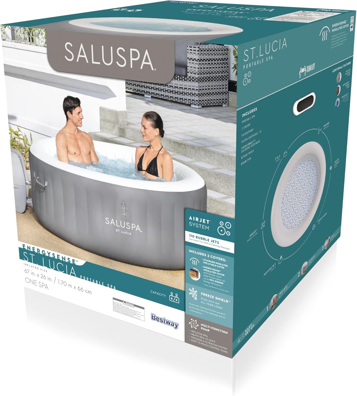 Inflatable Hot Tub Spa (71" x 26") | Portable Hot Tub with 2 Covers (1 Energy-Efficient Thermal Cover and 1 Standard Cover) | Fits Up to 2-4 Persons | Black