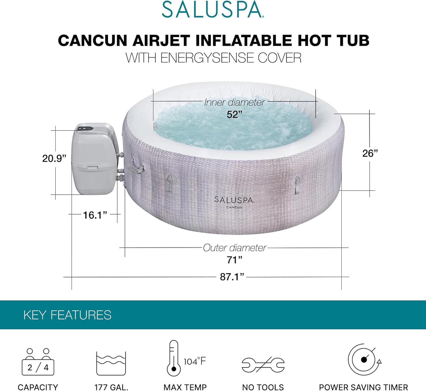 Large Round 2 to 4 Person Inflatable Hot Tub Portable Outdoor Spa with 120 AirJets and EnergySense Cover, Grey