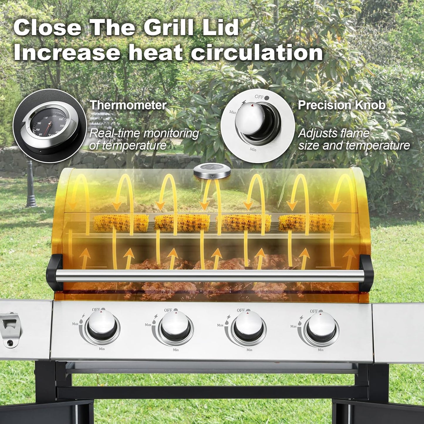 Upgraded 4 Burner BBQ Propane Gas Grill with Cast Iron Grates & Side Stove, 44,000 BTU Stainless Steel Burner Barbecue Grill for Patio, Camping, Outdoor Cooking.