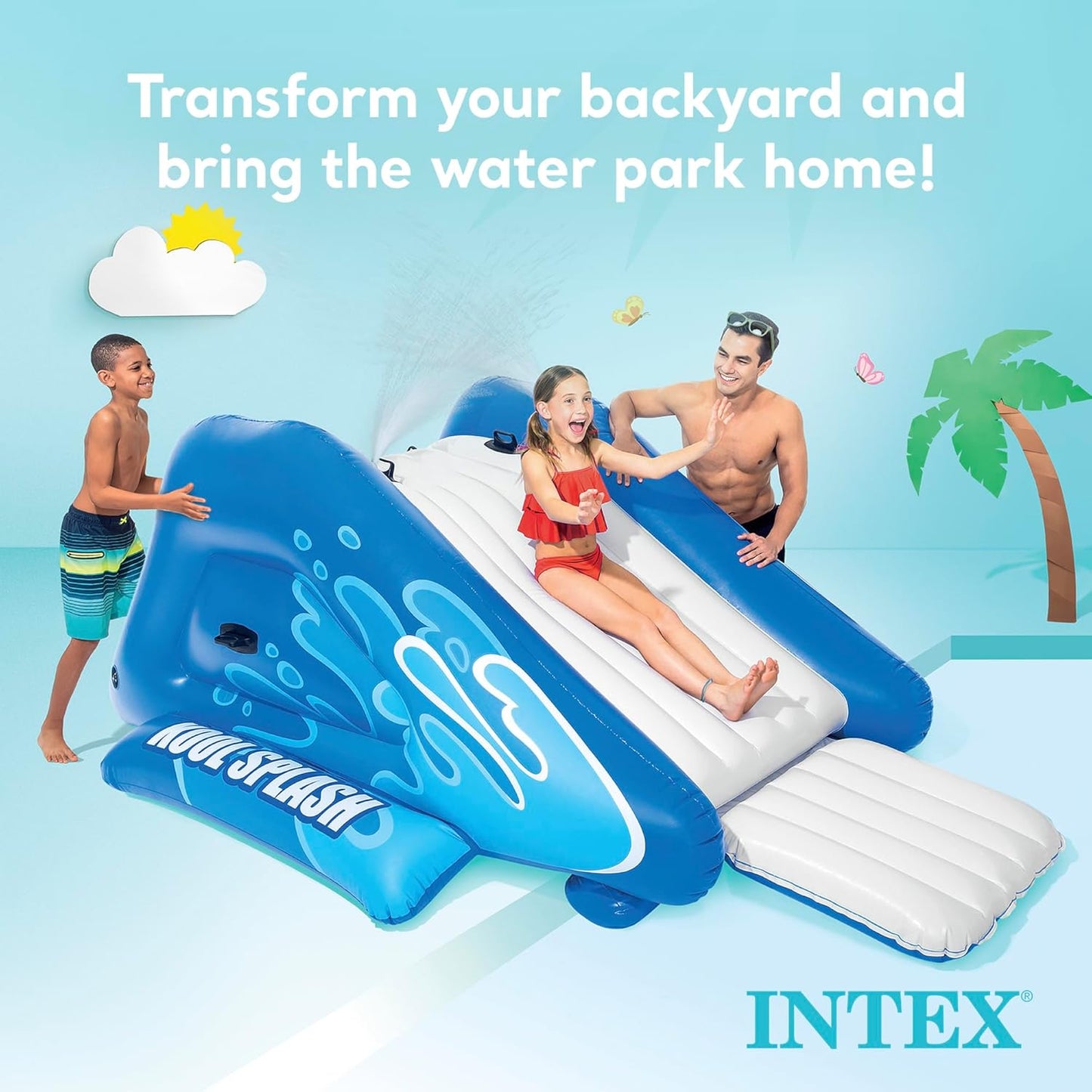Inflatable Water Slide Swimming Pool Play Center with Built in Sprayers for Kids and Adults, Ages 6 and Up, Blue