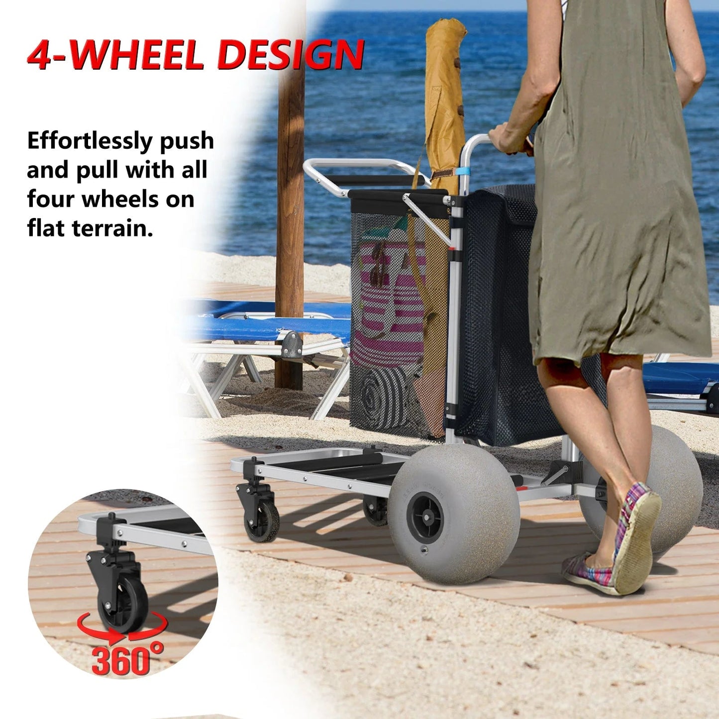 Foldable Beach Cart with Adjustable Handle and 12" Balloon Wheels, Heavy Duty Aluminum 220LBS Capacity