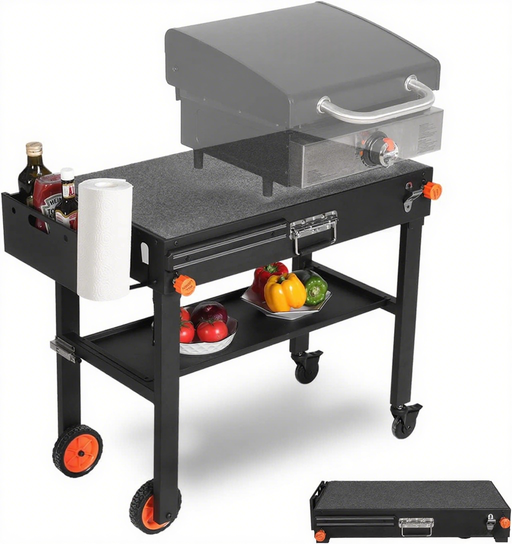 Portable Outdoor Grill Table, Folding Grill Cart Solid and Sturdy, Griddle Stand Large Space, Blackstone Table with Paper Towel Holder, Grill Stand for Blackstone Griddle,Grills etc