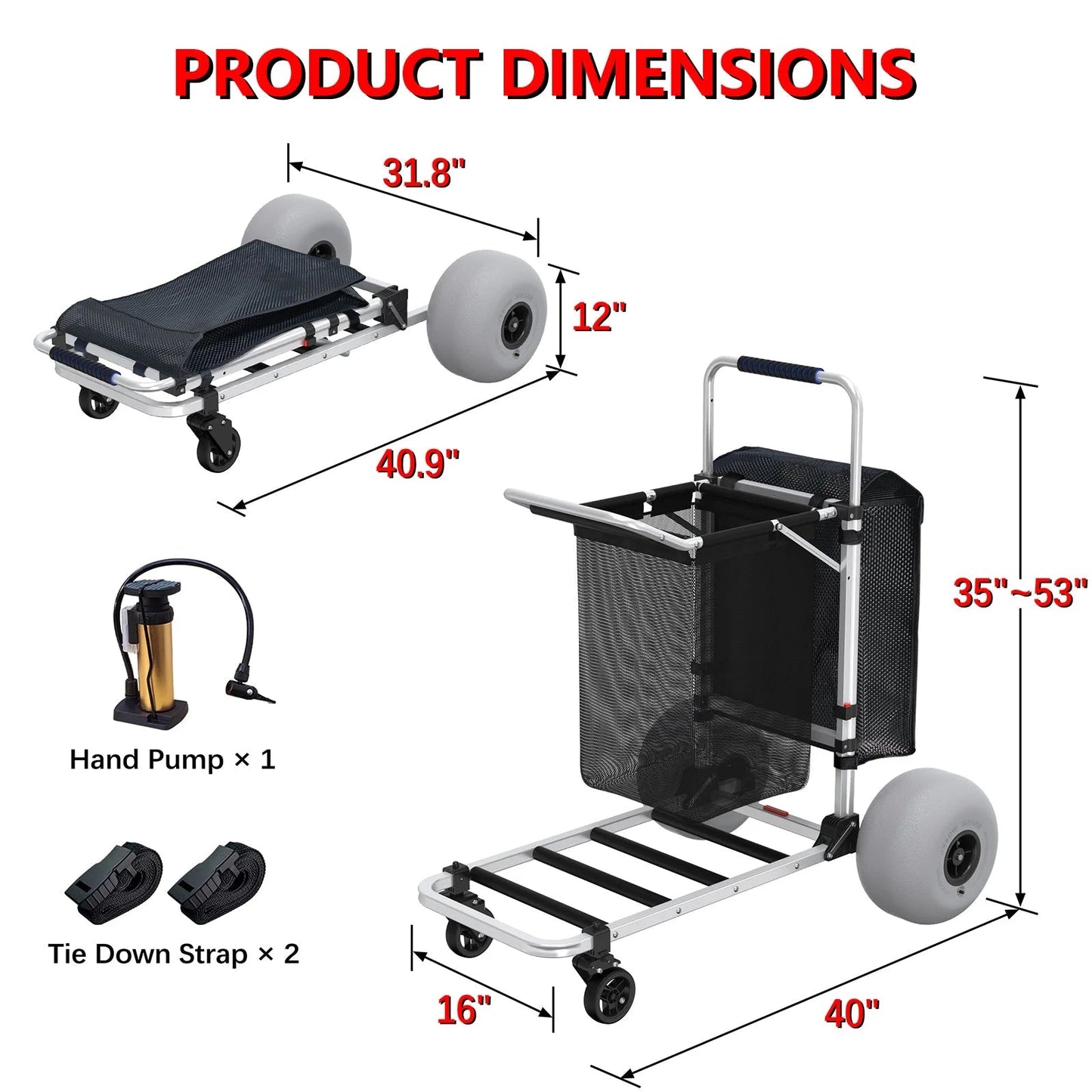 Foldable Beach Cart with Adjustable Handle and 12" Balloon Wheels, Heavy Duty Aluminum 220LBS Capacity