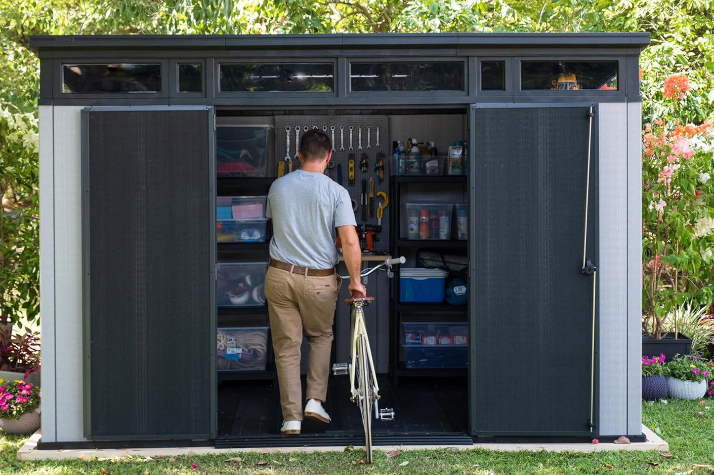 11x7 Modern Resin Outdoor Storage Shed Kit-Perfect to Store Patio Furniture, Garden Tools Bike Accessories, Beach Chairs and Lawn Mower