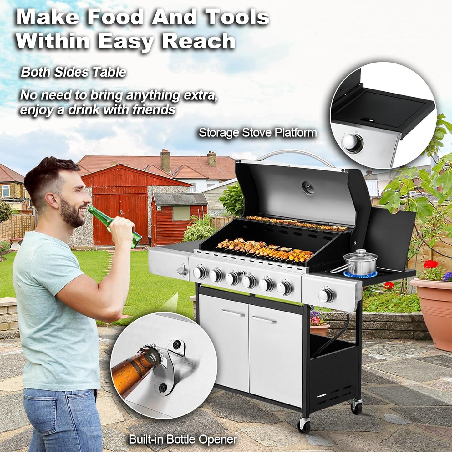 Upgraded 4 Burner BBQ Propane Gas Grill with Cast Iron Grates & Side Stove, 44,000 BTU Stainless Steel Burner Barbecue Grill for Patio, Camping, Outdoor Cooking.