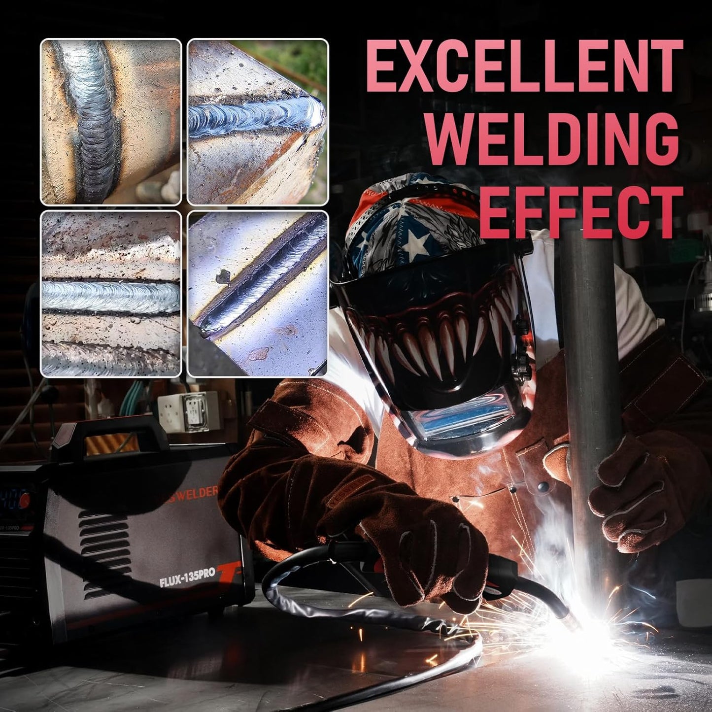 135Amp MIG Welder,110V Flux Core Welder Flux Core MIG/Lift TIG/Stick 3-in-1 Large LED Digital Display Welding Machine IGBT Inverter Welder FLUX-135PRO