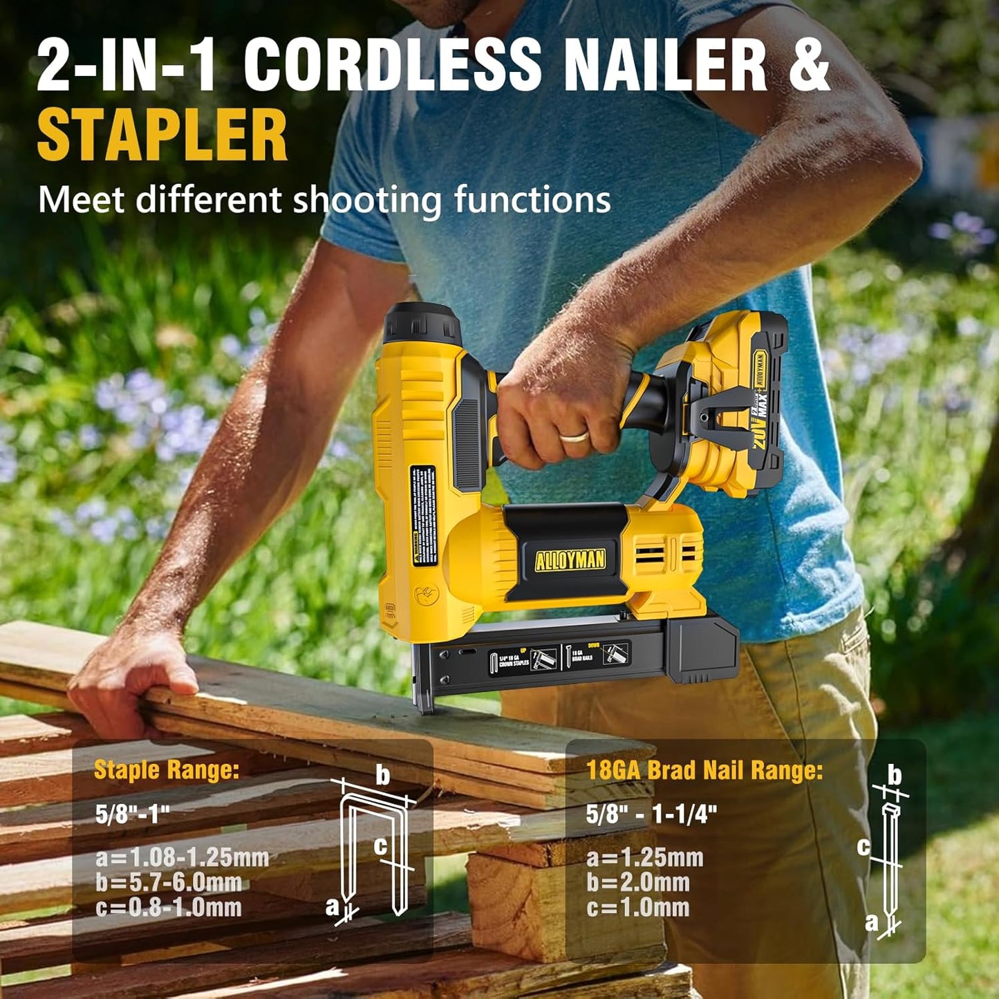 18 Gauge Nail Gun Battery Powered, 2 in 1 Cordless Brad Nailer/Electric Stapler with 2.0Ah Battery and Charger,1000pcs Nails and 500pcs Staples Included for Home Improvement & Woodworking