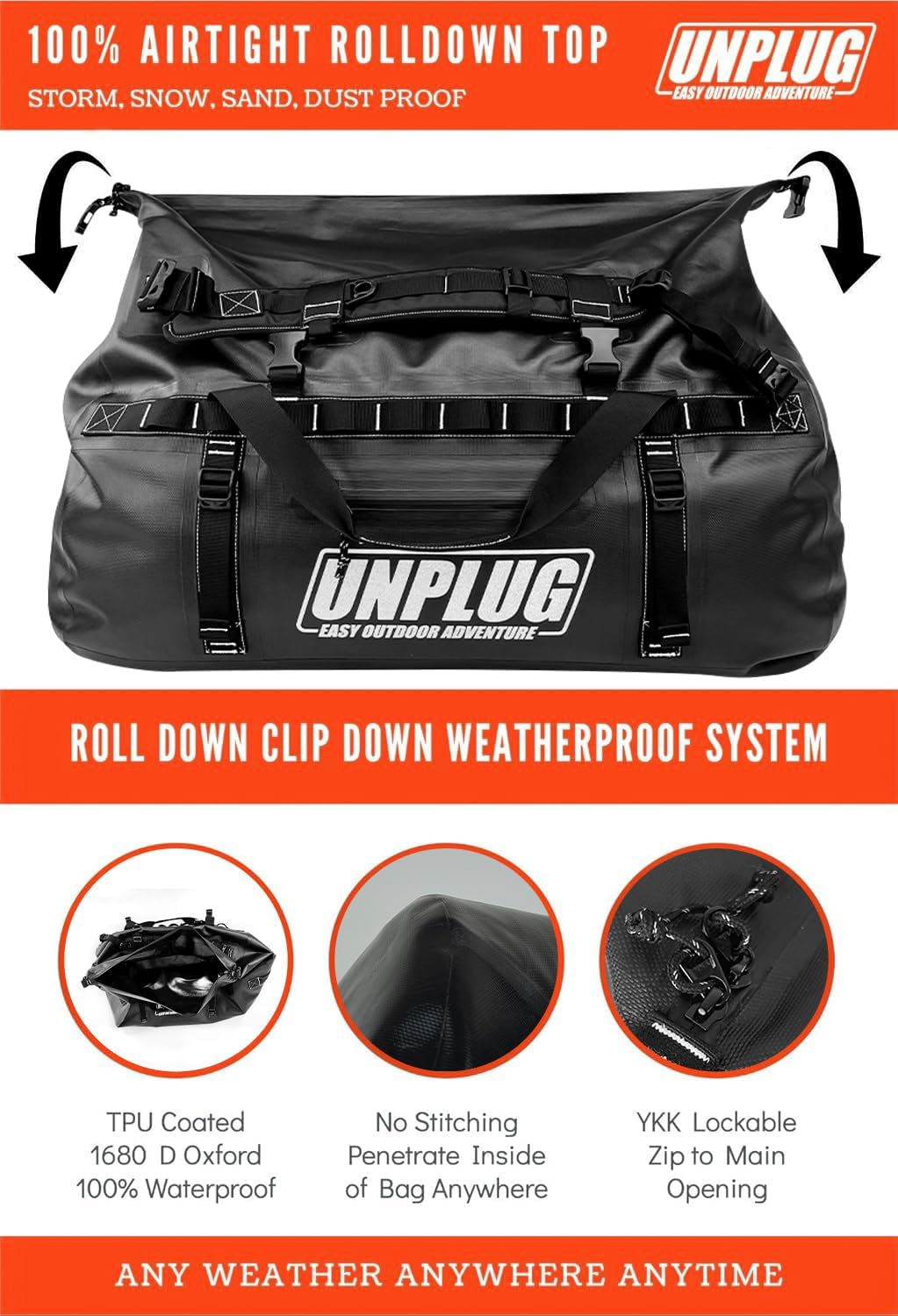 Ultimate Adventure Bag -1680D Heavy Duty Waterproof Travel Duffel Bags for Camping, Motorcycle Dry Bag, Waterproof Bags for Boating, Waterproof Duffle Backpack,Tactical Duffle Bag