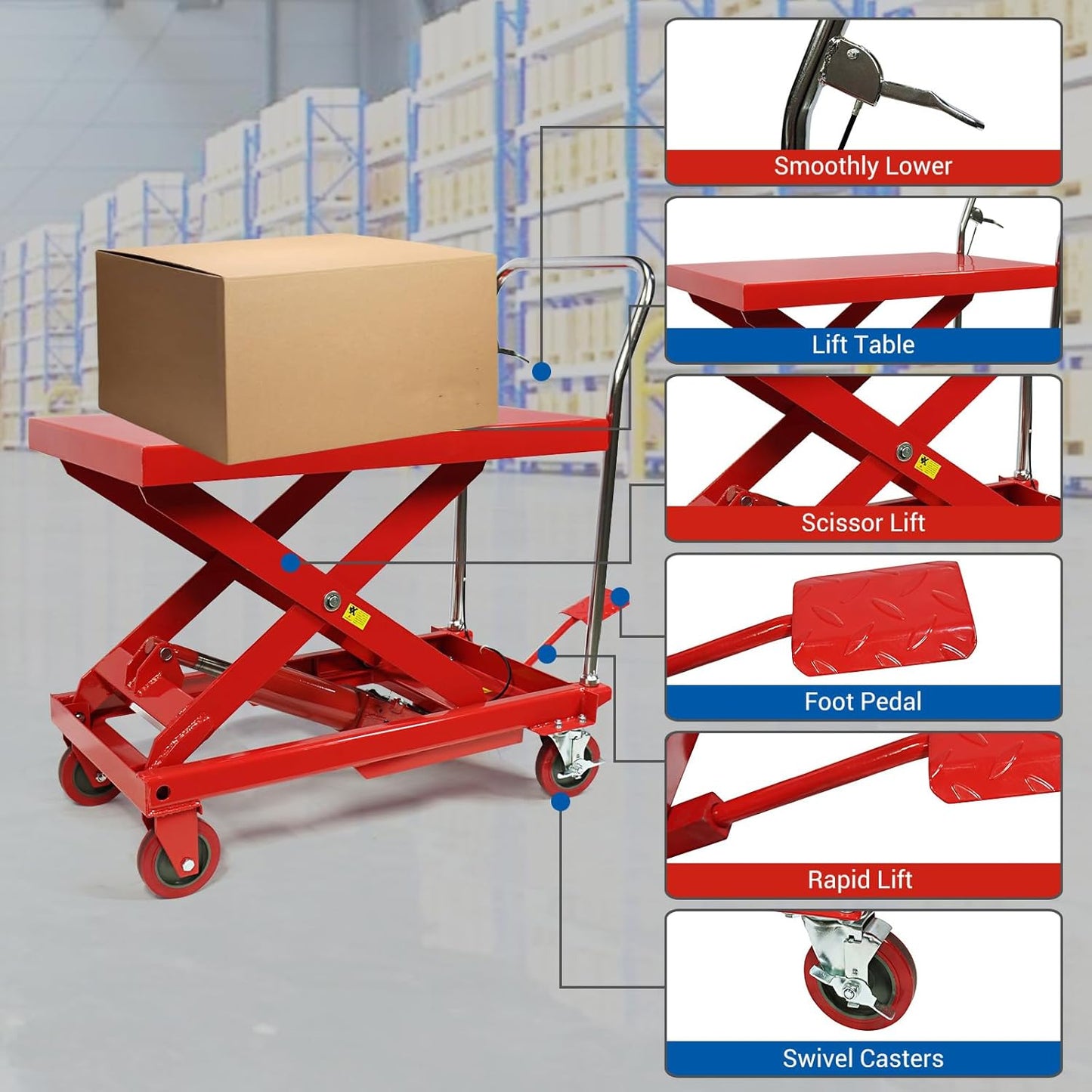 660LBS Hydraulic Lift Table Cart – 31" Lift Height, Double Scissor Design with 4 Wheels & Non-Slip Pad for Material Handling