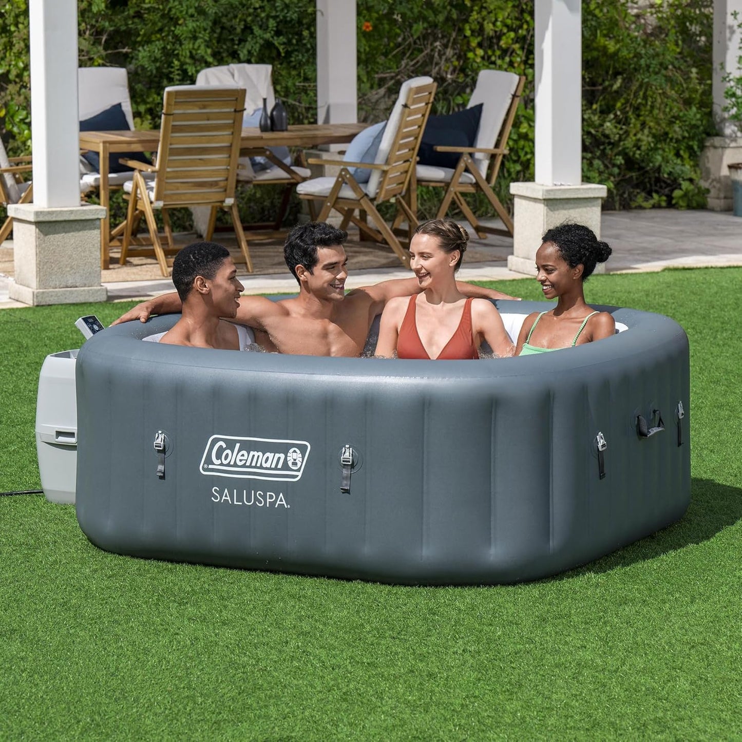 4 to 6 Person Inflatable Hot Tub Square Portable Outdoor Spa with 114 Soothing AirJets and Insulated Cover.