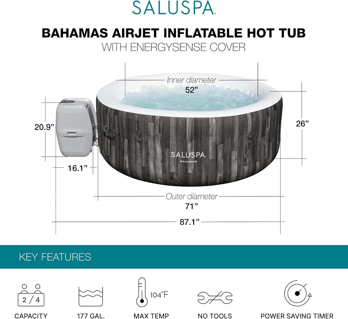 Large Round 2 to 4 Person Inflatable Hot Tub Portable Outdoor Spa with 120 AirJets and EnergySense Cover, Grey