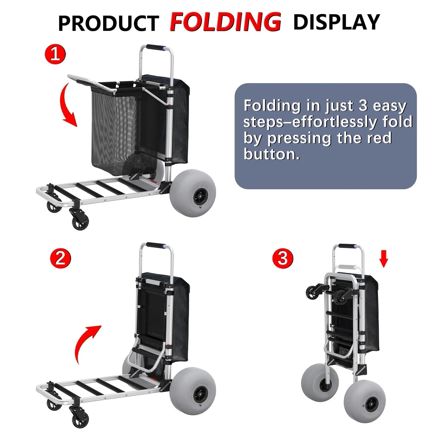 Foldable Beach Cart with Adjustable Handle and 12" Balloon Wheels, Heavy Duty Aluminum 220LBS Capacity