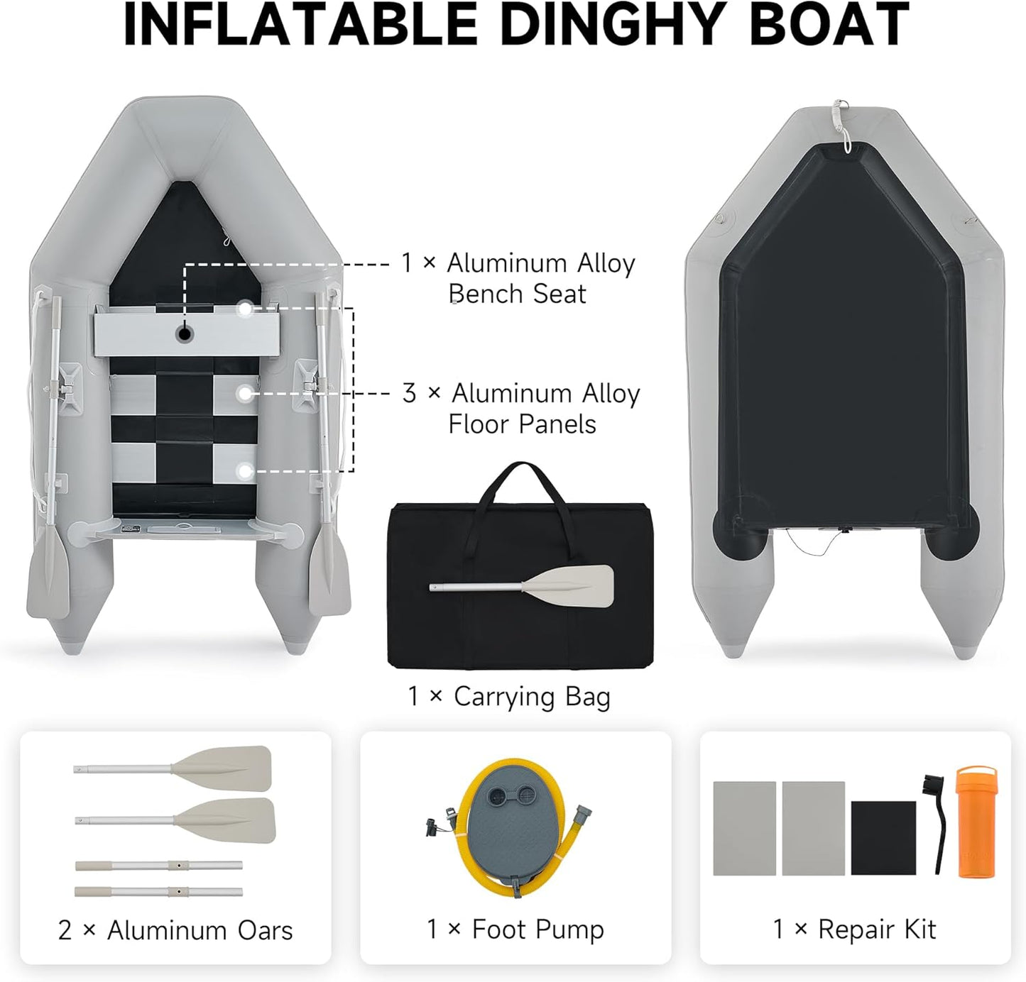 7.5ft Inflatable Dinghy Boat, 2 Person 660lb Transom Sport Tender Boat with Pump Aluminum Oars Floor, Heavy Duty Inflatable Raft Kayak for Adults