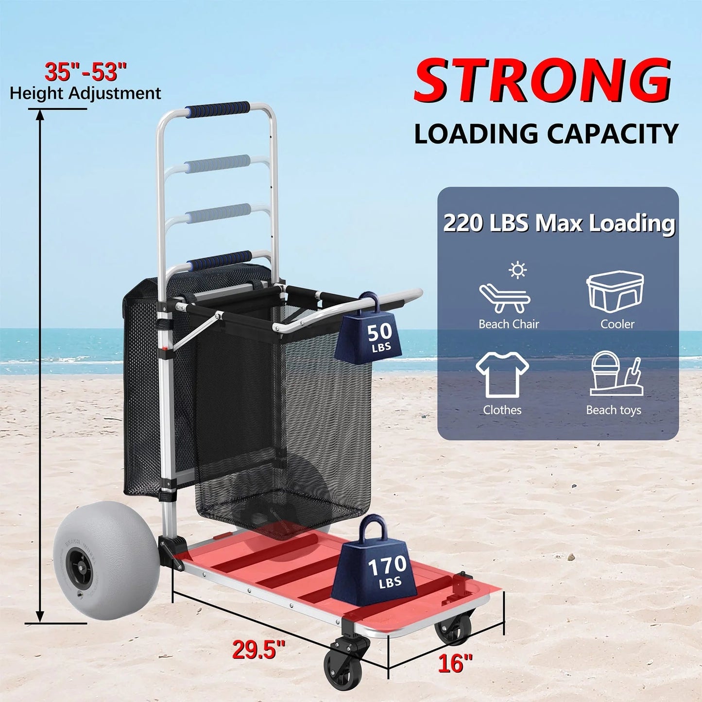 Foldable Beach Cart with Adjustable Handle and 12" Balloon Wheels, Heavy Duty Aluminum 220LBS Capacity