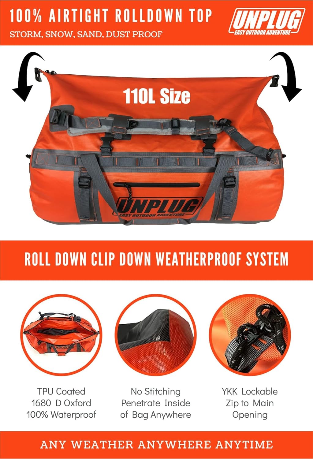 Ultimate Adventure Bag -1680D Heavy Duty Waterproof Travel Duffel Bags for Camping, Motorcycle Dry Bag, Waterproof Bags for Boating, Waterproof Duffle Backpack,Tactical Duffle Bag