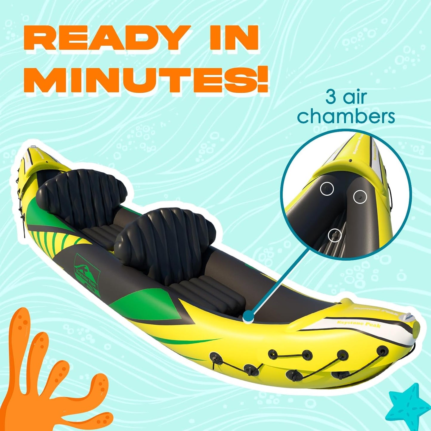 Inflatable Kayak 2 Person with Sun Canopy (Detachable) + Kayaks for Adults + 3rd Seat for Dog/Child + Waterproof Phone Bags + Adjustable Seats + Kayak + Backrests & More + New 2024 + Yellow Green