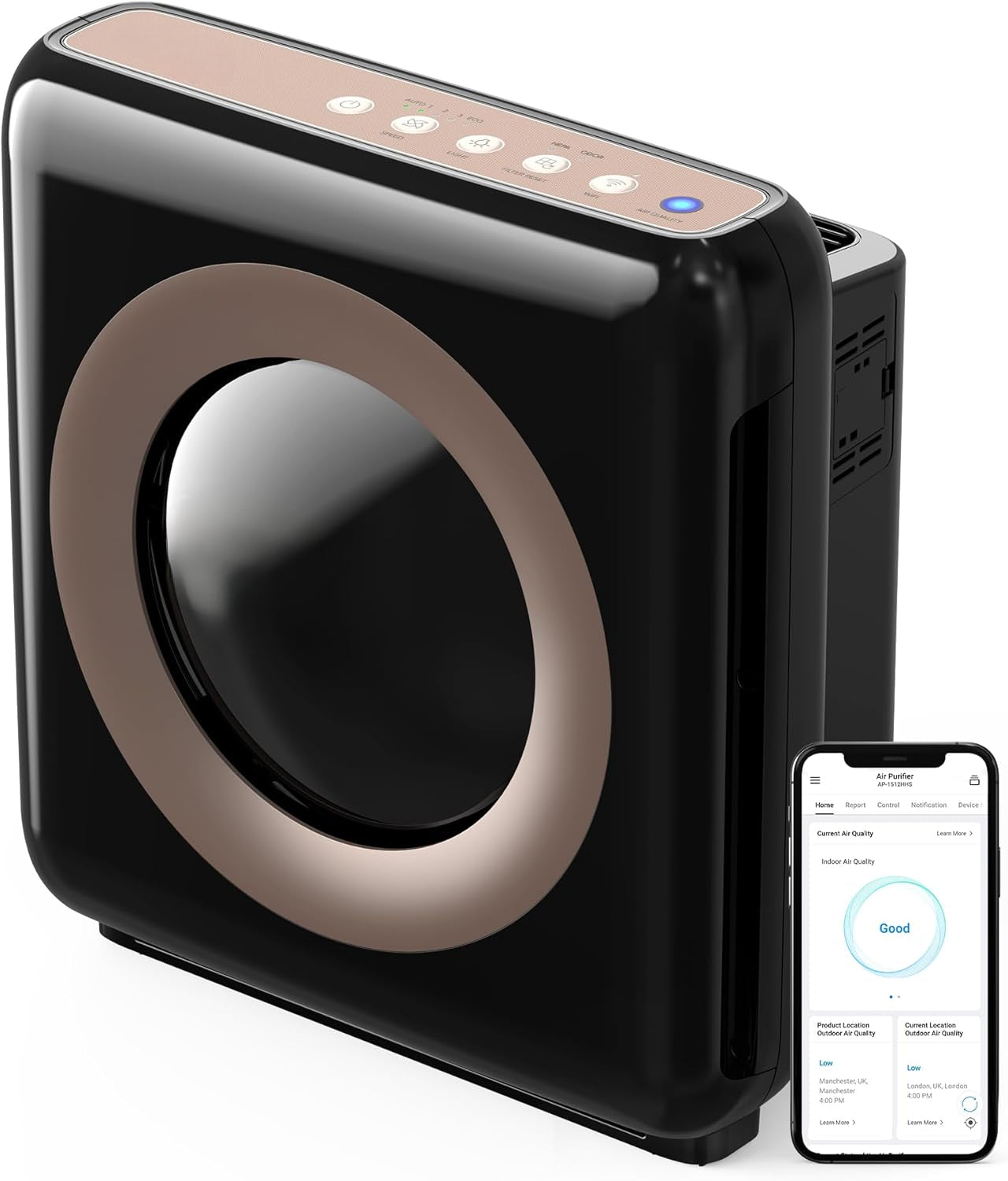 True HEPA Purifier with Air Quality Monitoring, Auto, Timer, Filter Indicator, and Eco Mode, 16.8 x 18.3 x 9.7, White
