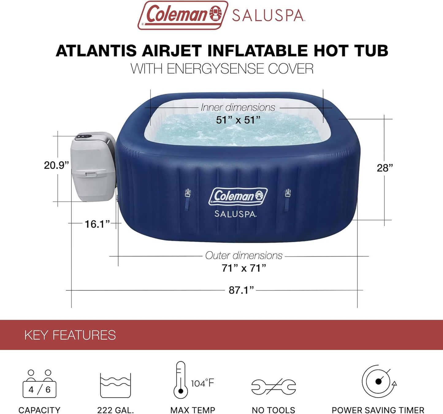 4 to 6 Person Inflatable Hot Tub Square Portable Outdoor Spa with 114 Soothing AirJets and Insulated Cover.