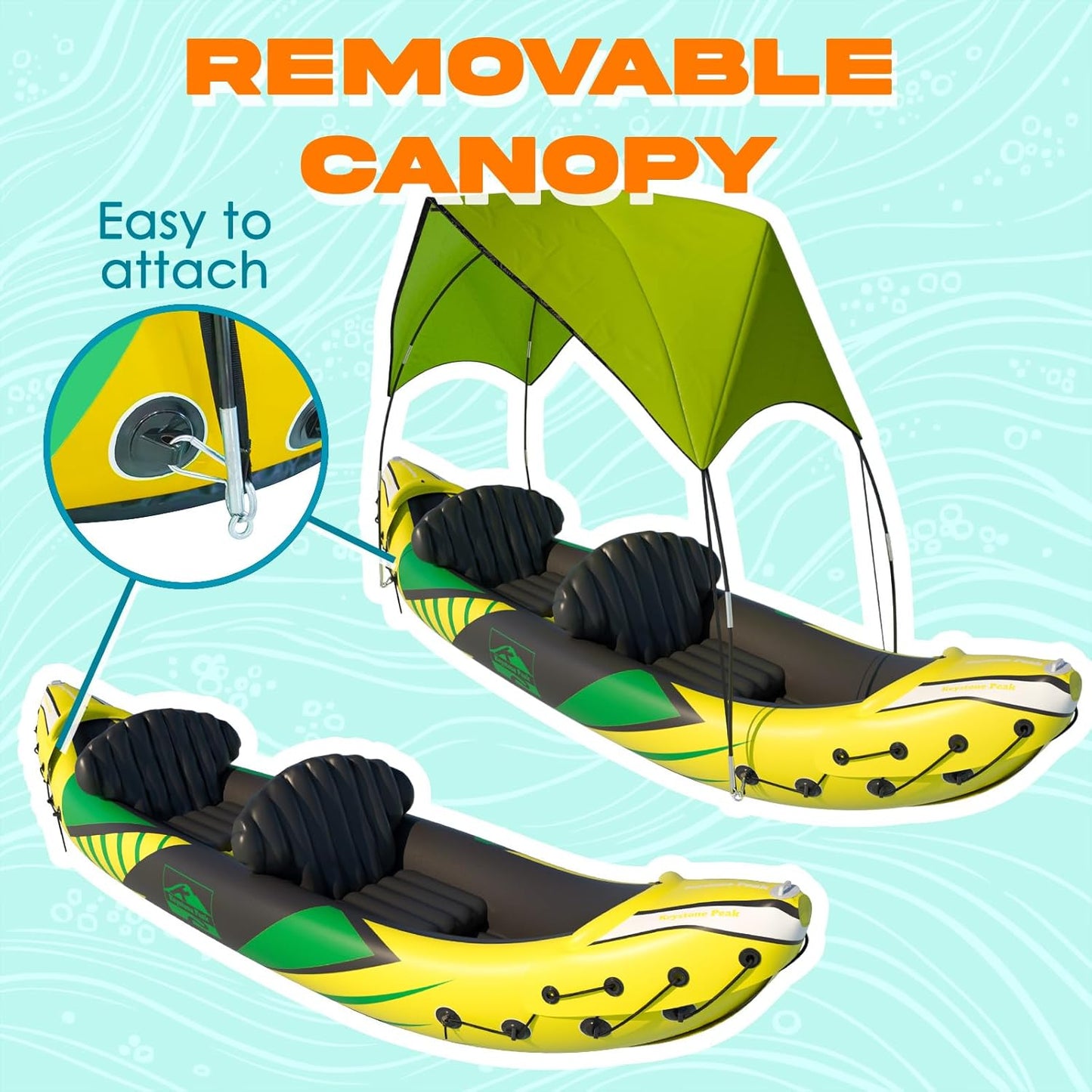 Inflatable Kayak 2 Person with Sun Canopy (Detachable) + Kayaks for Adults + 3rd Seat for Dog/Child + Waterproof Phone Bags + Adjustable Seats + Kayak + Backrests & More + New 2024 + Yellow Green