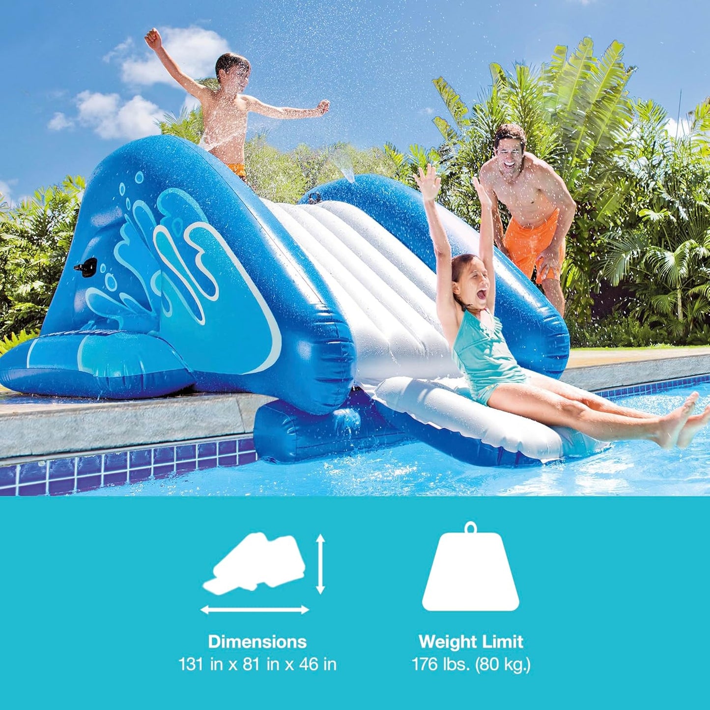 Inflatable Water Slide Swimming Pool Play Center with Built in Sprayers for Kids and Adults, Ages 6 and Up, Blue