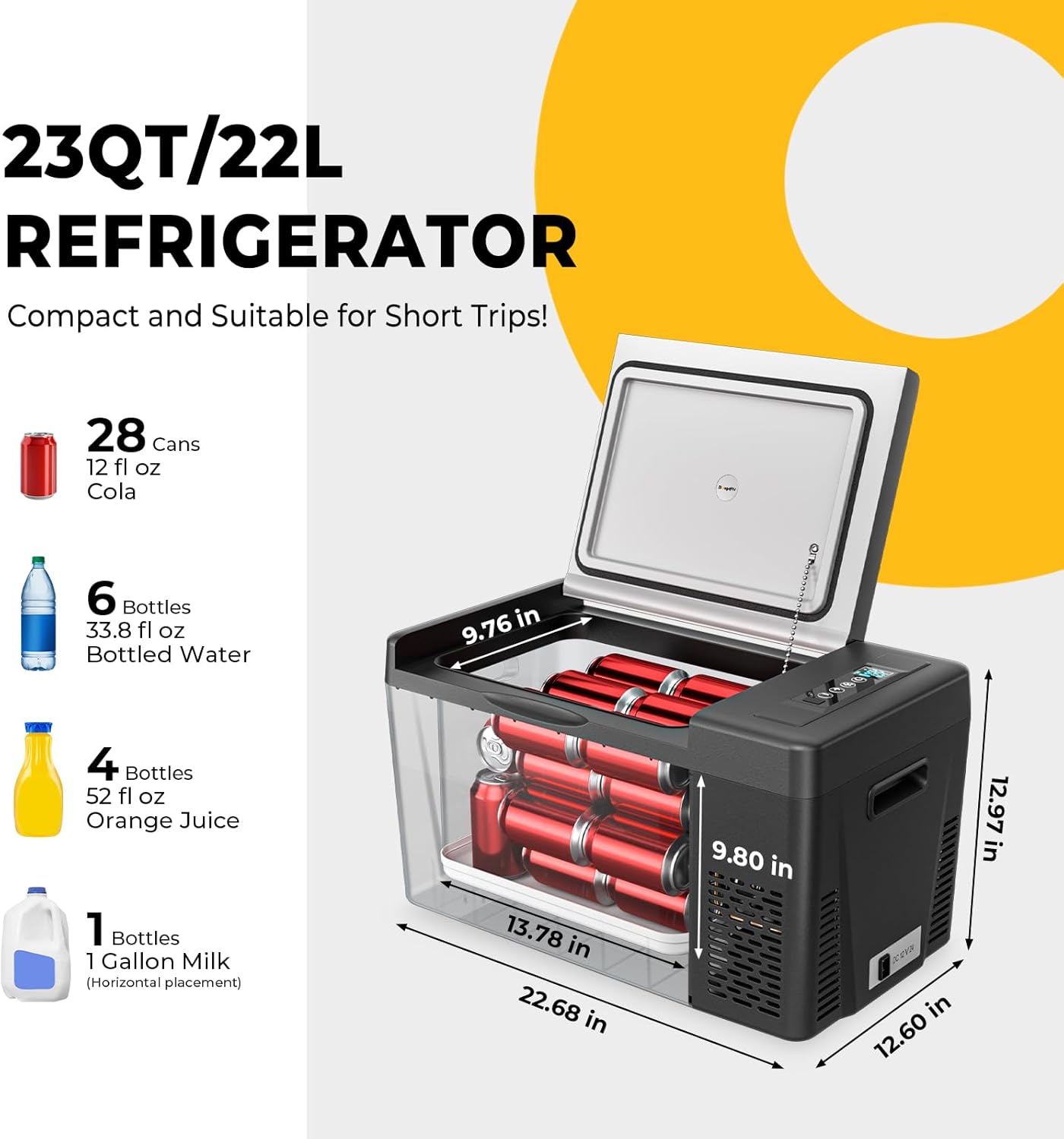 12 Volt Refrigerator 12V Car Fridge 23 Quart Portable Freezer Compressor Cooler 12/24V DC 110~240 Volt AC for Truck Van RV Camper SUV Travel Camping Road Trips Tailgating -7℉~50℉