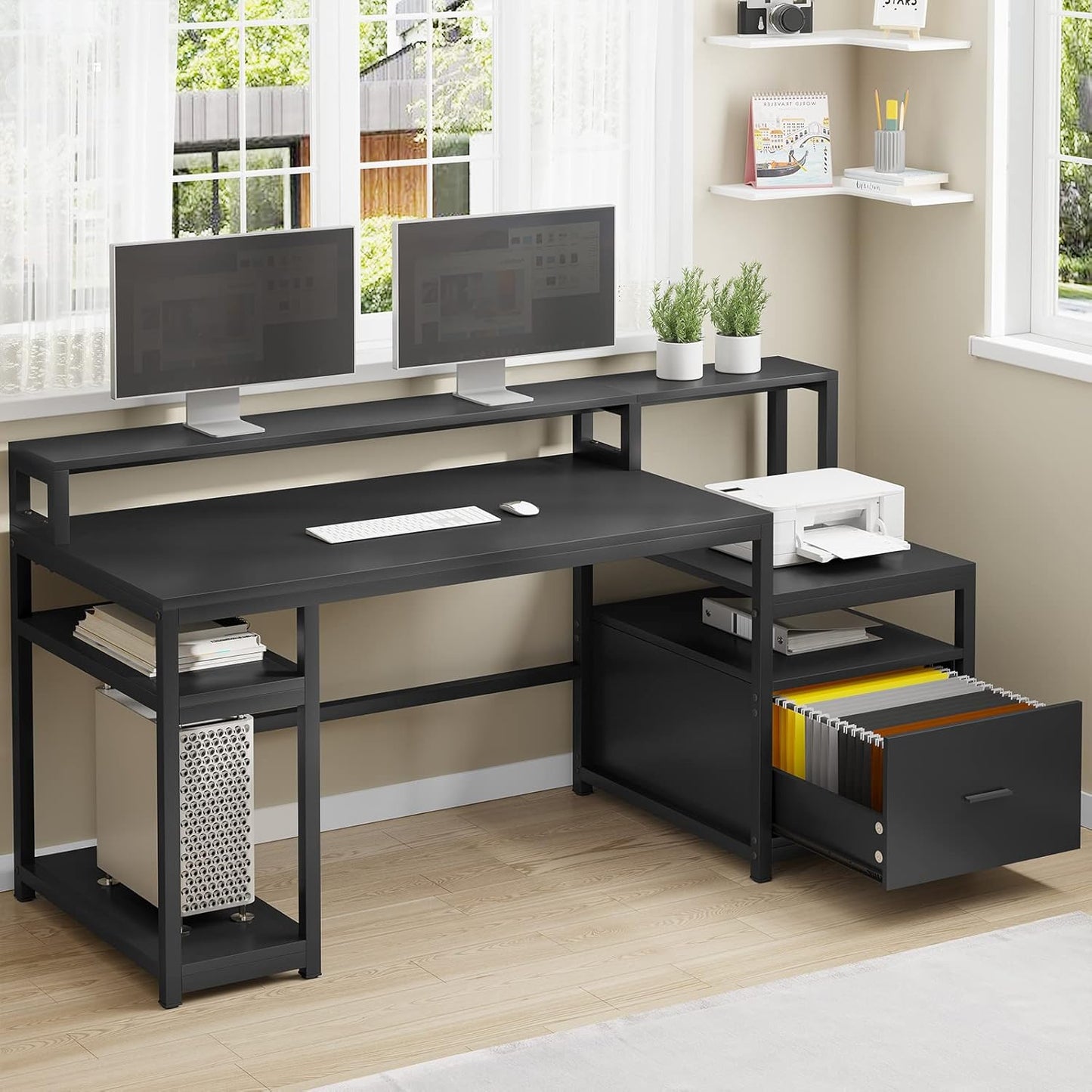 White Computer Desk with 5 Drawer & Power Outlet, 66'' Home Office Desk with File Drawer, Storage Shelves, Printer Cabinet and Monitor Shelf, Gaming Desk with Led Lights