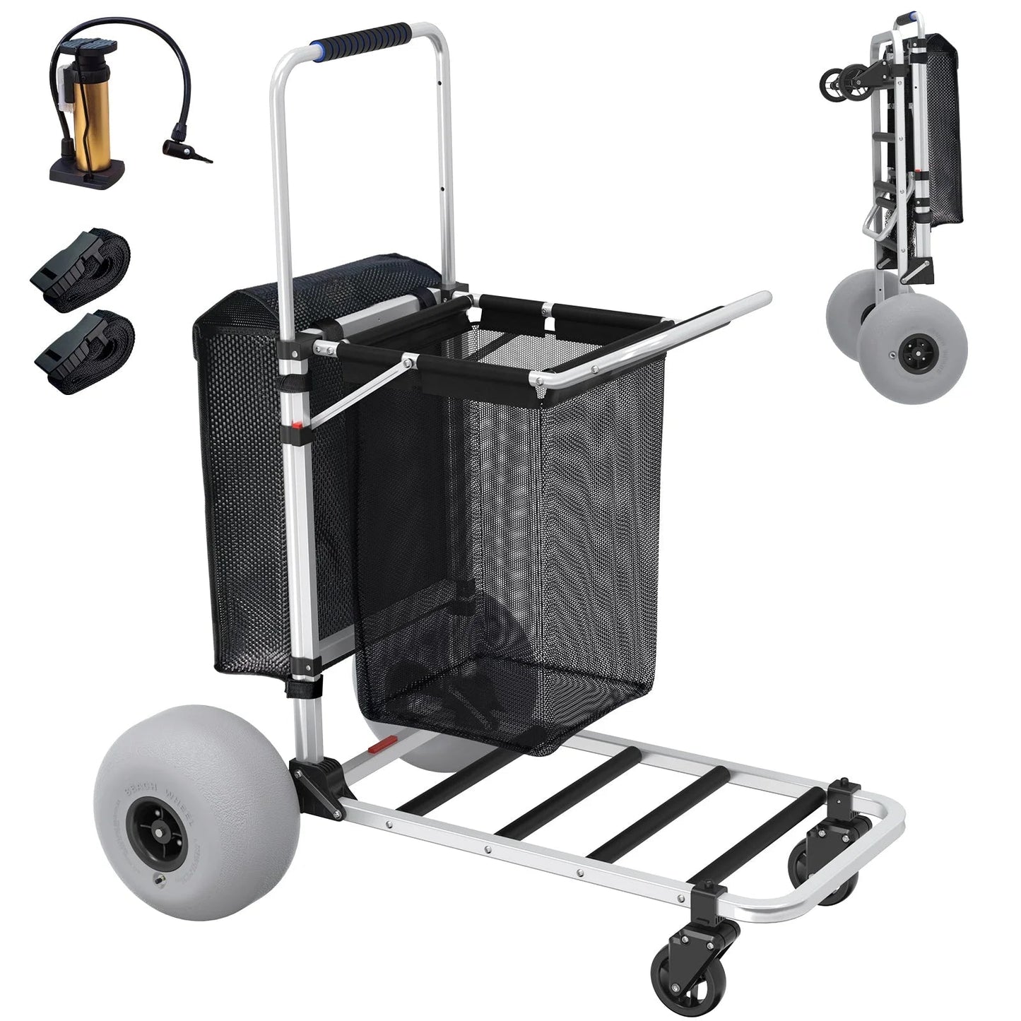 Foldable Beach Cart with Adjustable Handle and 12" Balloon Wheels, Heavy Duty Aluminum 220LBS Capacity