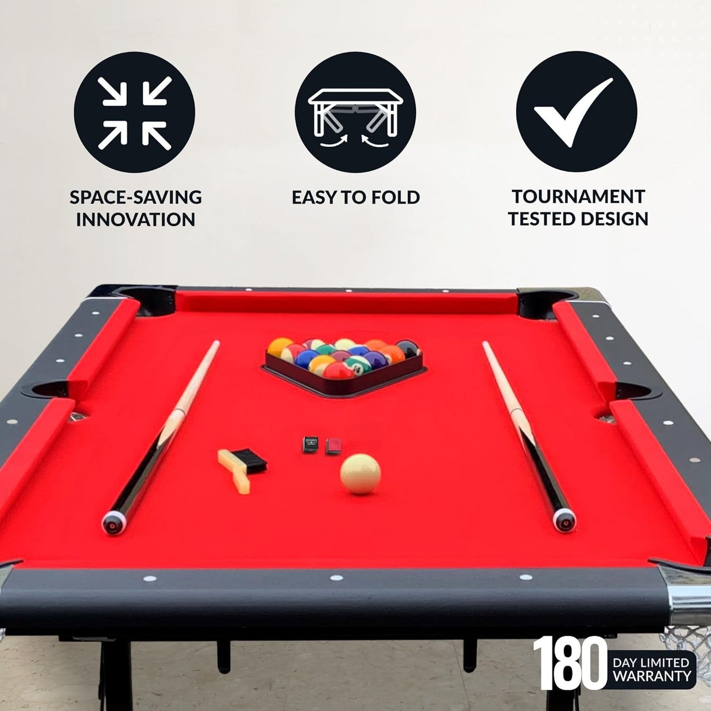 6 Ft Portable Pool Table, Adults Folding Billiards Tables for Game Room with Easy Foldable Storage, Includes Full Set of Billiard Balls, Cues, Chalk & Brush