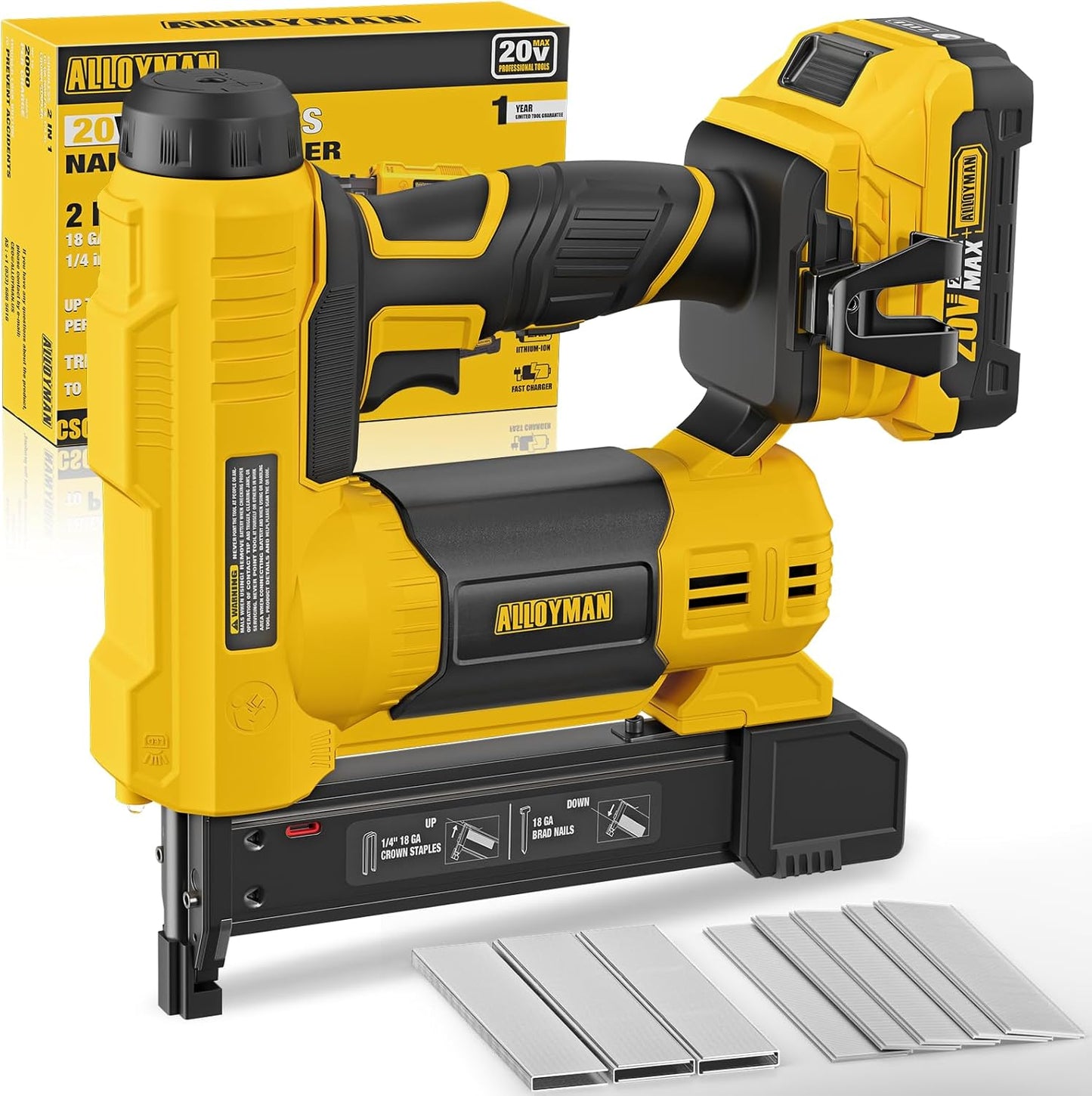 18 Gauge Nail Gun Battery Powered, 2 in 1 Cordless Brad Nailer/Electric Stapler with 2.0Ah Battery and Charger,1000pcs Nails and 500pcs Staples Included for Home Improvement & Woodworking