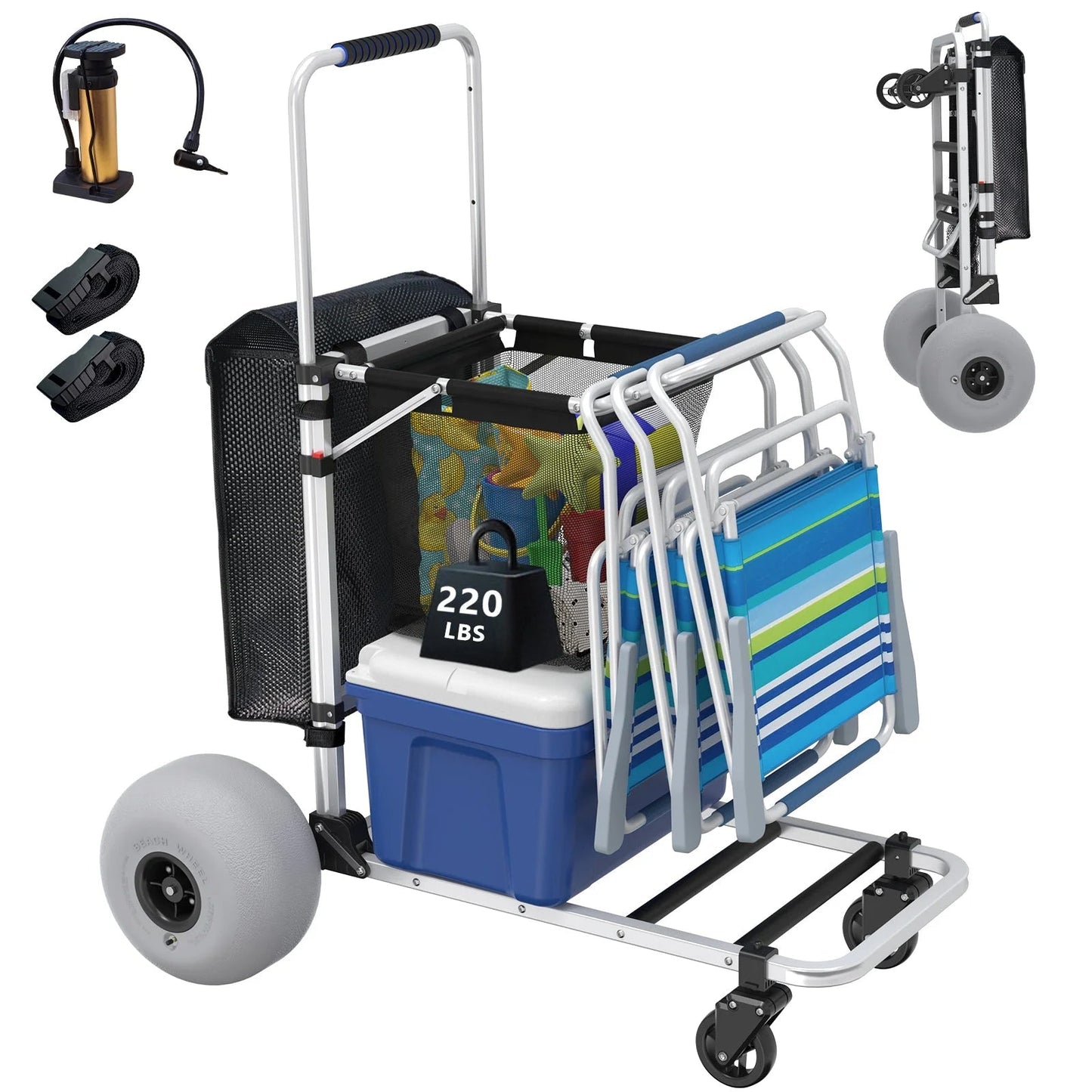 Foldable Beach Cart with Adjustable Handle and 12" Balloon Wheels, Heavy Duty Aluminum 220LBS Capacity