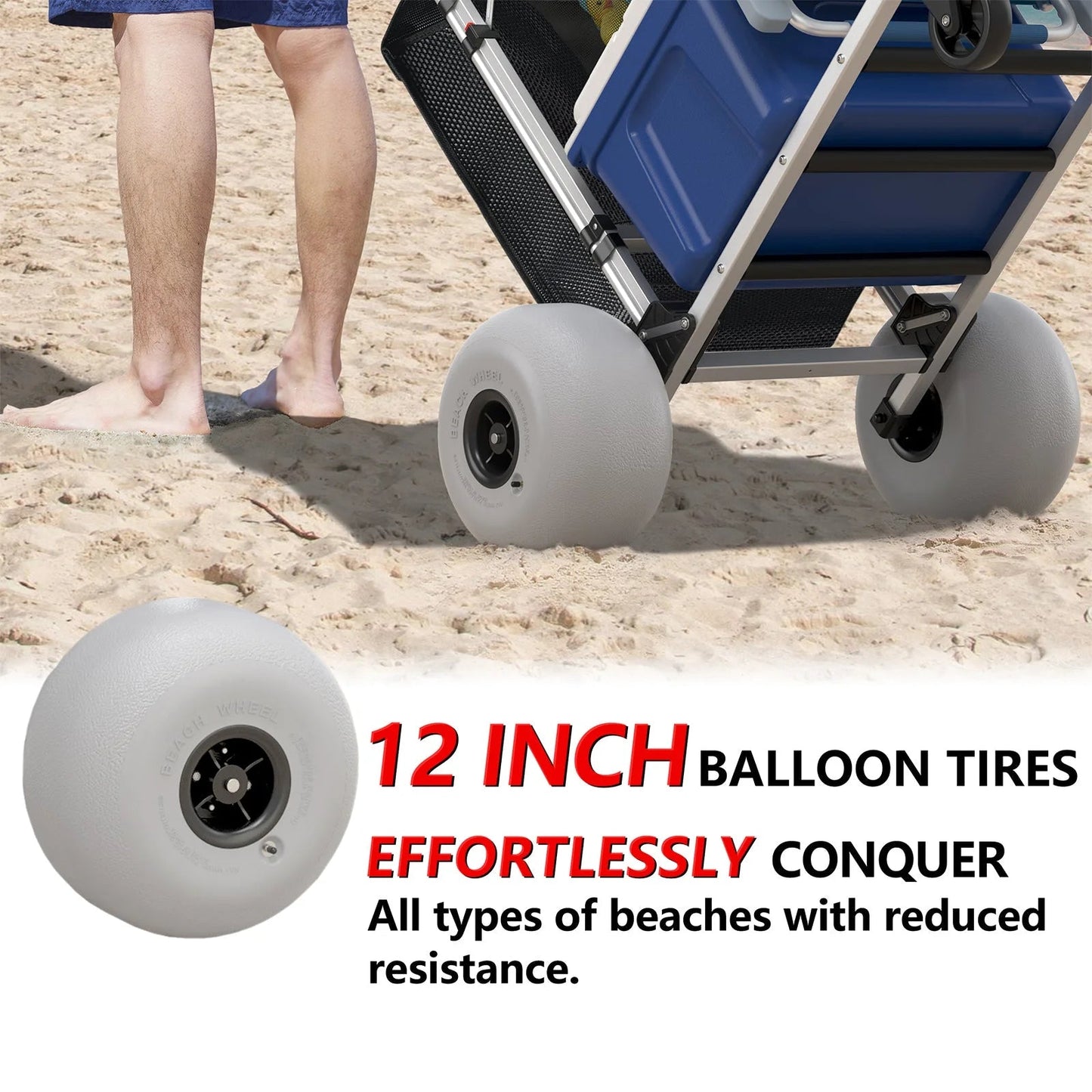 Foldable Beach Cart with Adjustable Handle and 12" Balloon Wheels, Heavy Duty Aluminum 220LBS Capacity
