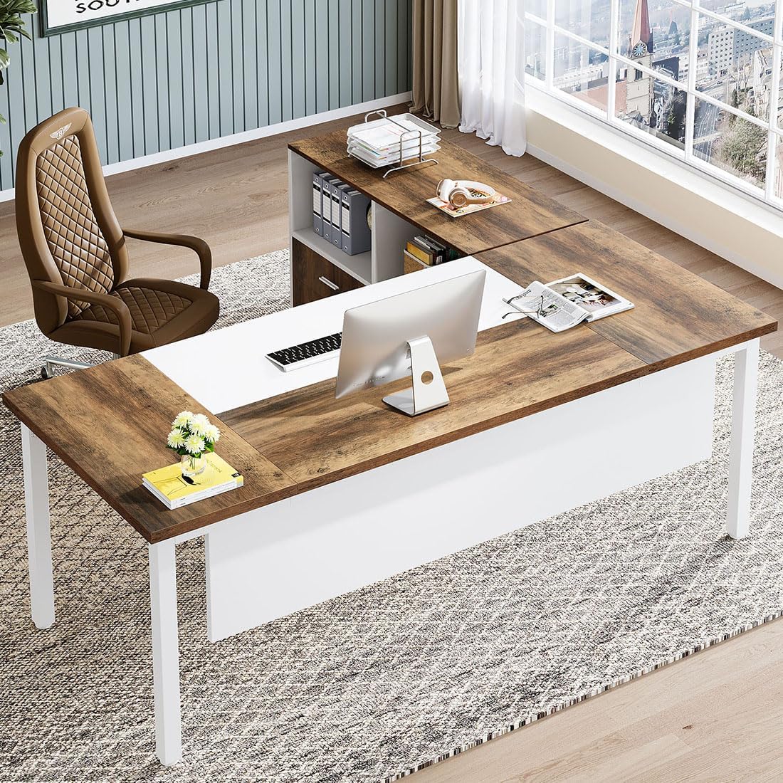 \L Shaped Desk with Drawer Cabinet, 63" Executive Computer Desk and lateral File Cabinet, 2 Piece Home Office Furniture with Drawers for Hanging File, Doors with Locks (Gray, 63 inches)