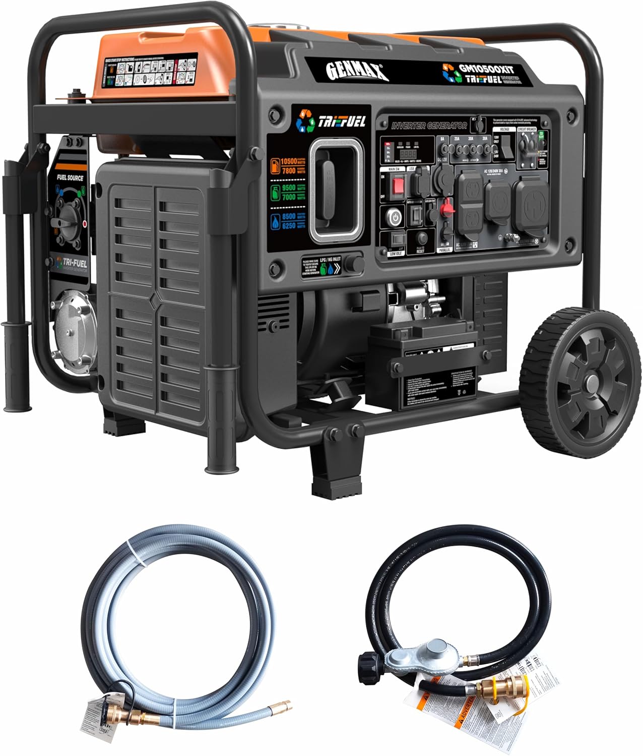 10500 Peak Watt Tri Fuel Open Frame Inverter Generator,with ATS,Quiet Technology,CO Sensor,digital display and 50A,Ideal for Home backup,contruction site and RV Camping.