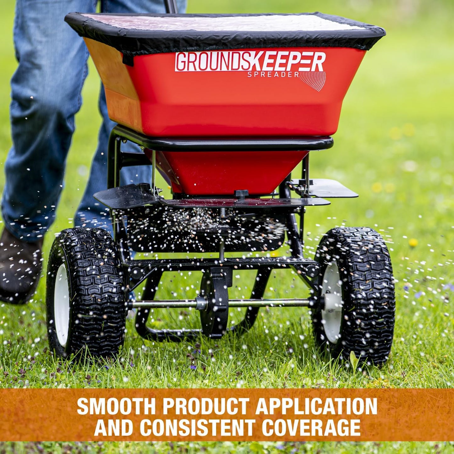 Walk Behind Push Spreader, 100lb Capacity, For Salt, Ice & Snow Melt, Included Grate & Cover With Enclosed Gearbox for Protection.
