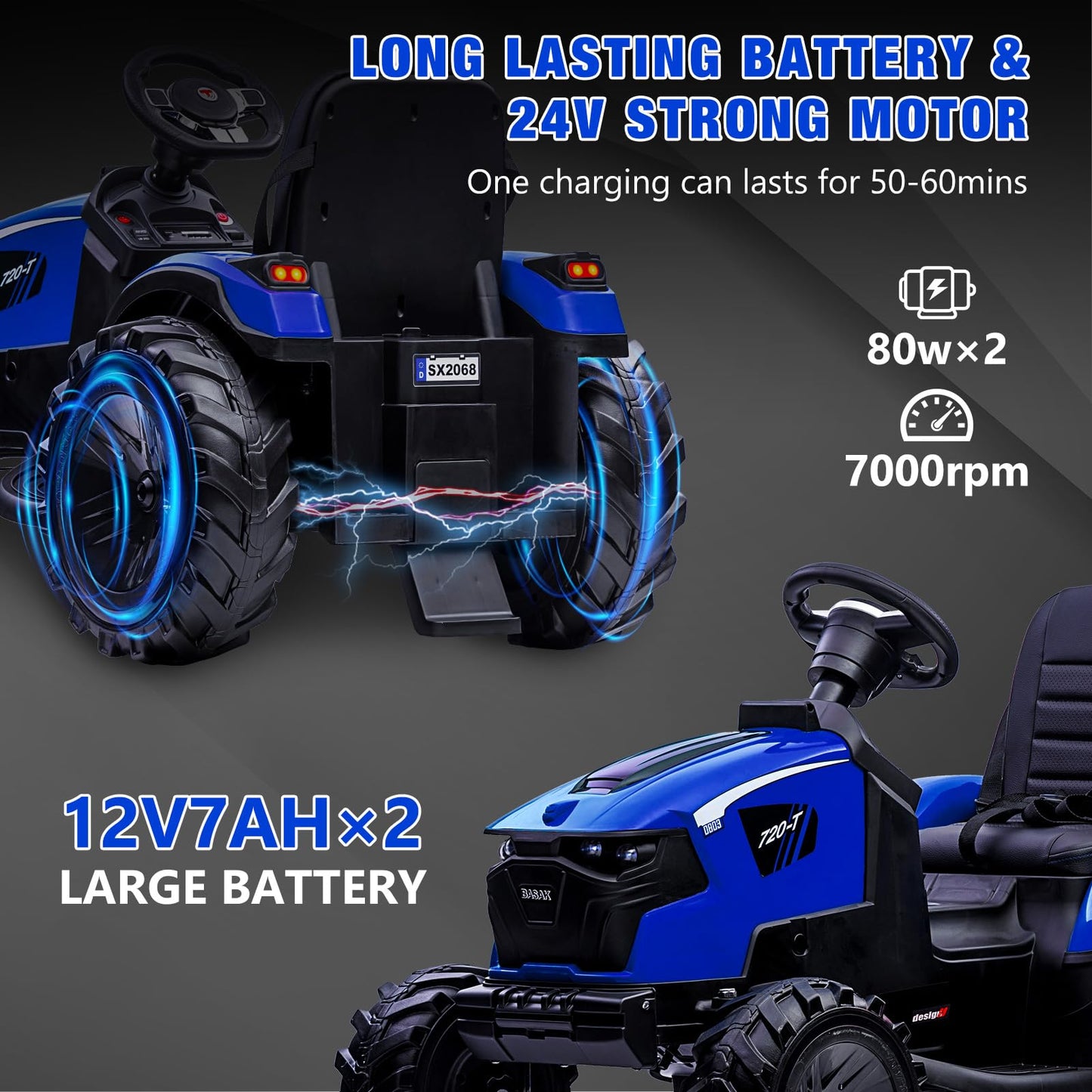 3-in-1 Ride-On Tractor, 24V Electric, Excavator & Bulldozer, Remote Control, LED, Music, USB/Bluetooth max 66 lbs – Bright-blue