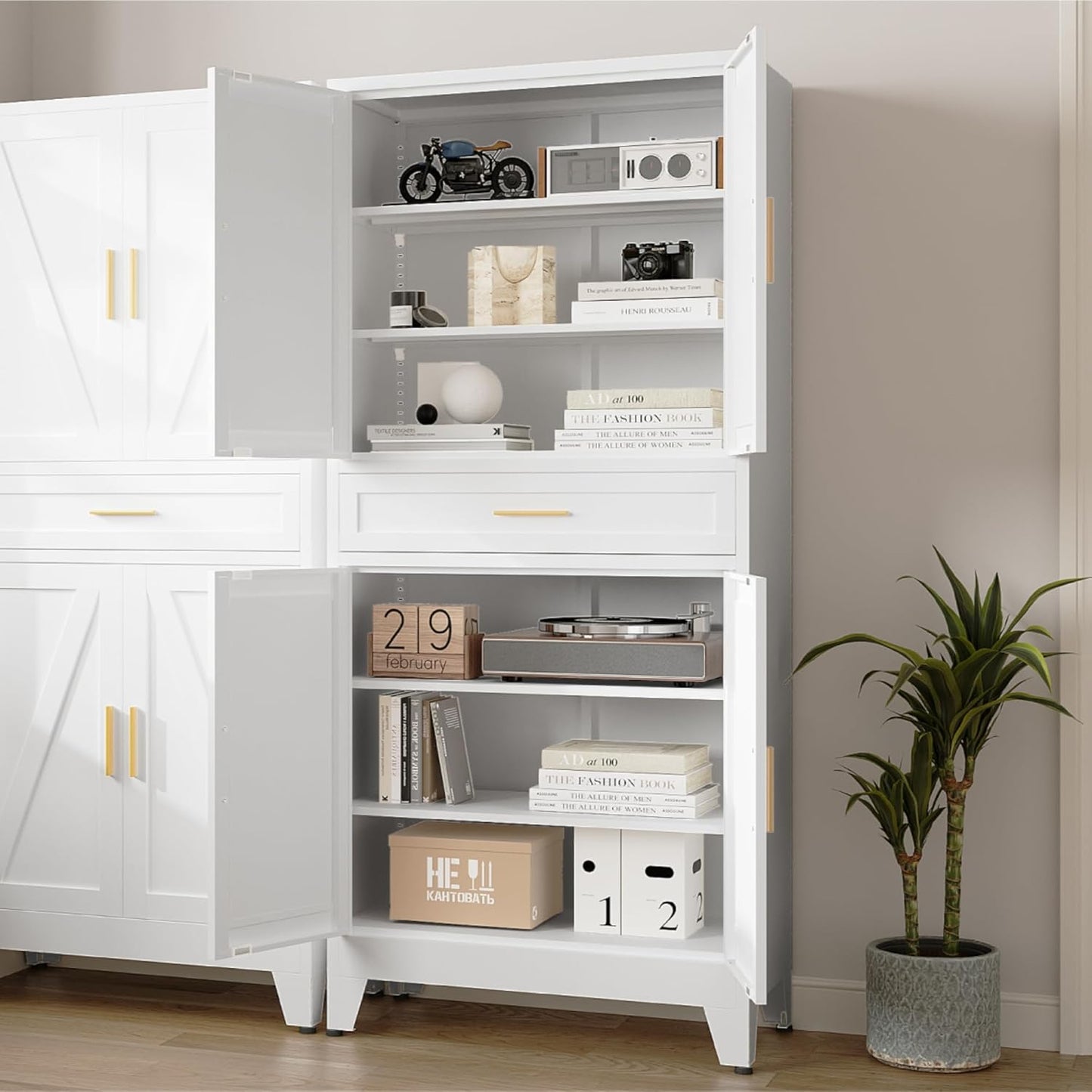 71'' Farmhouse Metal Wardrobe Cabinet with Hanging Rod, 2 Barn Door Wardrobe Closet with Adjustable Shelves,Drawer,for Dining Room,Bedroom,Living Room, Cloak Room,Office (White)