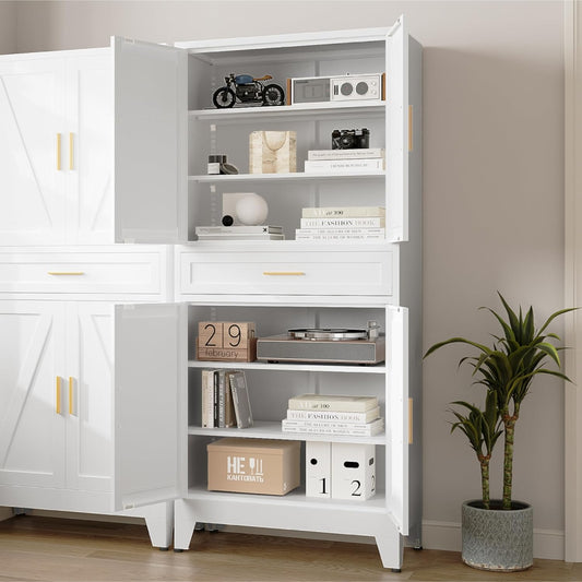 71'' Farmhouse Metal Wardrobe Cabinet with Hanging Rod, 2 Barn Door Wardrobe Closet with Adjustable Shelves,Drawer,for Dining Room,Bedroom,Living Room, Cloak Room,Office (White)