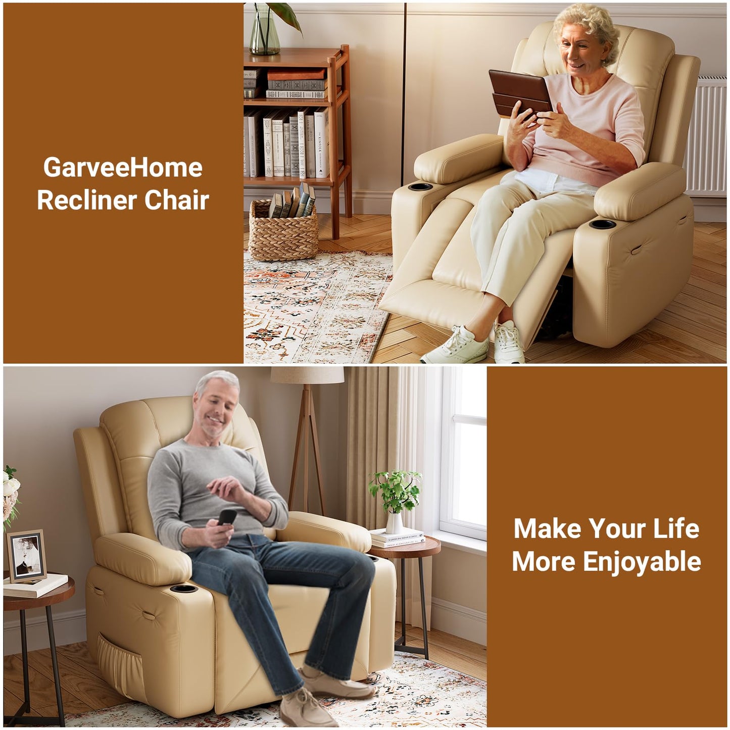 PU Leather Power Lift Recliner Chair With Massage and Heat, Adjustable Furniture for Back, Legs w/ 3 Positions, Usb Port, Side Pocket (Beige, 27 Seat Width+Cup Holders)