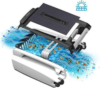 Solar Powered Automatic Robotic Pool Surface Skimmer Cleaner with 30-Hour Continuous Cleaning Battery Power and Re-Engineered Twin Salt Chlorine Tolerant Motors (Blue)