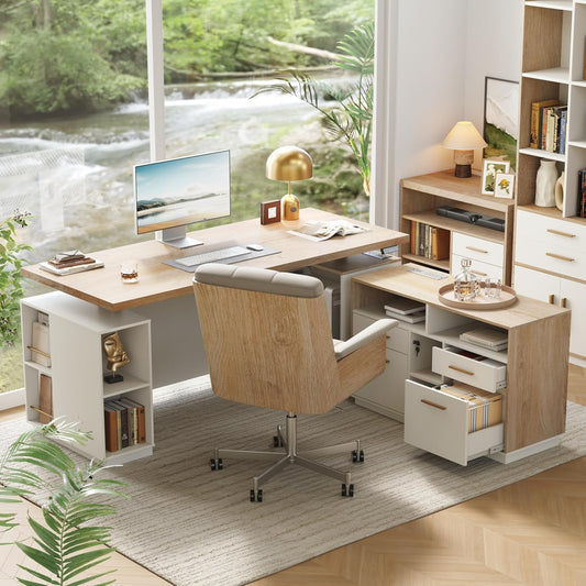 70" Standing Desk with 2 File Cabinet, AC/USB, 1.18" Desktop, L Shaped Height Adjustable Desk, Electric Furniture Set with Multiple Functions for Home and Office, Light Walnut