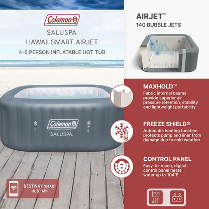 4 to 6 Person Inflatable Hot Tub Square Portable Outdoor Spa with 114 Soothing AirJets and Insulated Cover.